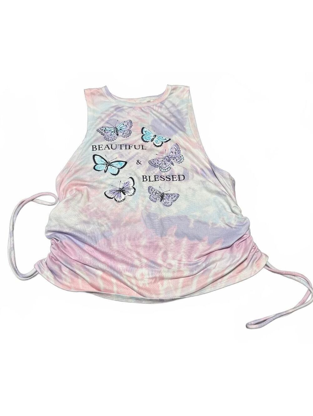 No Boundaries "Beautiful & Blessed" Tank (M) Pastel Butterfly Peekaboo Back Y2K